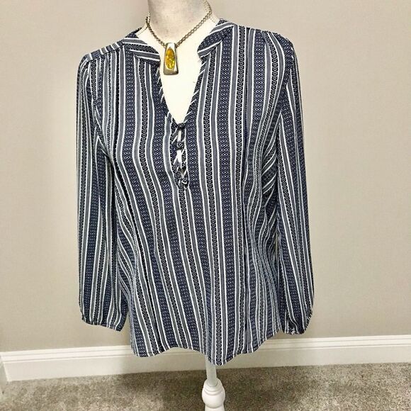 Lulus Sandy Shore Navy Blue Print Long Sleeve Top - Picture 9 of 11